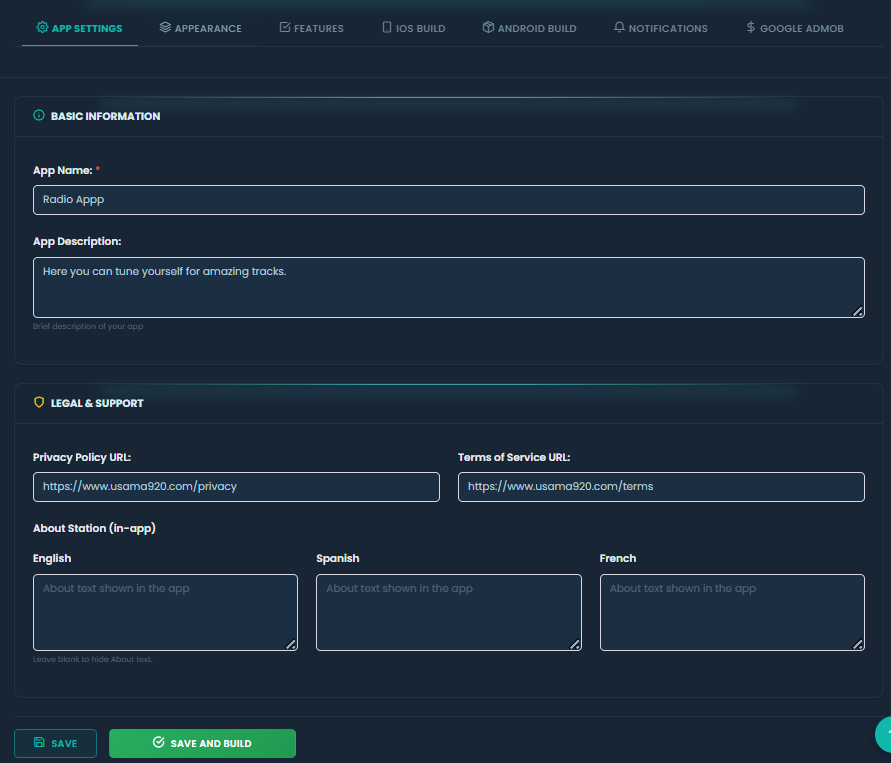 Mobile app interface for Rhythm FM, showcasing fields for app title, social media links, and description, emphasizing customizable features for internet radio broadcasting.